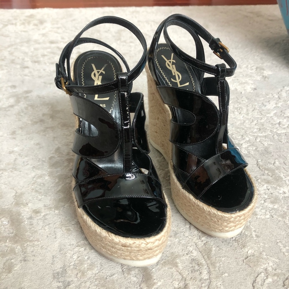 YSL black patent leather espadrille wedges